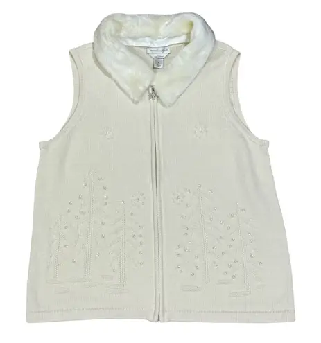 Christopher & Banks Hand Embroidered Christmas Tree Sweater Vest Faux Fur XL