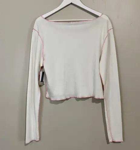 BP . Women’s Waffle Knit Boat Neck Crop Long Sleeve Tee White w/ Pink Trim NWT