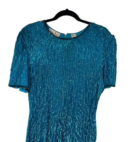 Laurence Kazar Vintage 80s Turquoise Sequin Shiny 100% Silk Dress