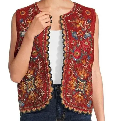 Brach Brach Velvet Embroidered Vest Boho Hippie Sleeveless Orange Red Large