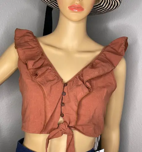 Cider NWT Ruffle Button Up Knotted Cropped Tank Top Brown Size Small