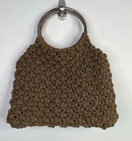 Vintage Handmade Crochet Macrame Chunky Knit Ring Handle Purse Bag Handbag Brown