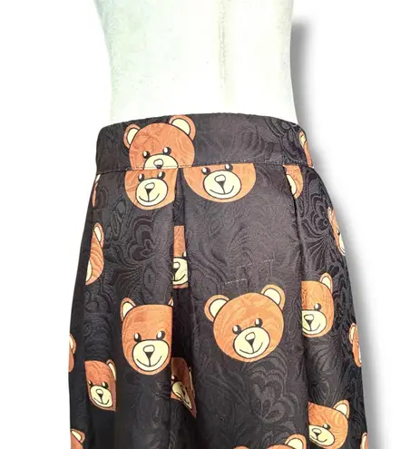 Saferin Teddy Bear Print Black Jacquard Pleated Midi Skirt Kawaii Harajuku Retro Size M