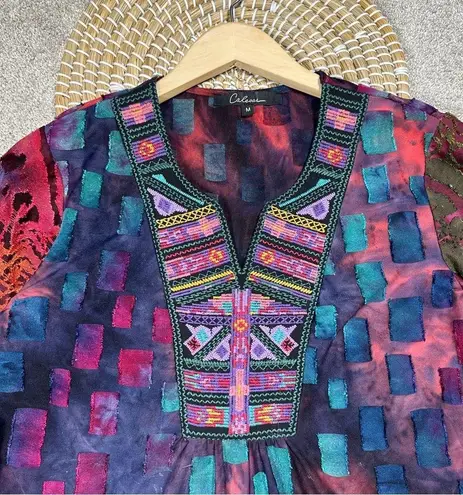 Caleoas Mixed Media Artsy Tunic Top Embroidered Patchwork Boho Multicolored M Blue Size M