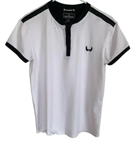 Nick Danger ND women's size small white quarter snap short sleeve polo shirt