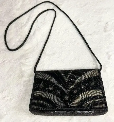 Vintage Art Deco Black & Gold Beaded Evening Bag Purse Crossbody or Clutch