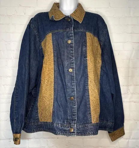 Coldwater Creek 3X Denim Jacket Blue Gold Paisley Faux Leather Trim Western Boho