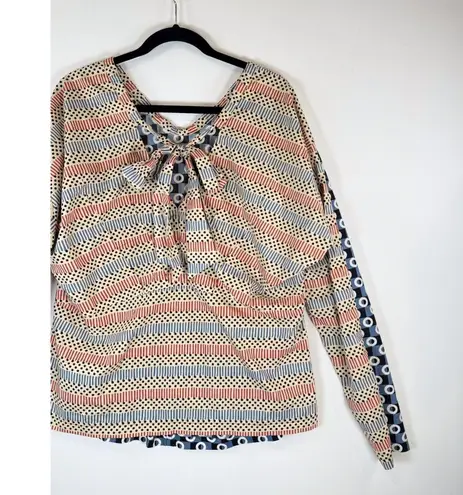 Marni H&M Womens Top Blue Geometric Two Tone V Neck Long Sleeve Blouse Size 10