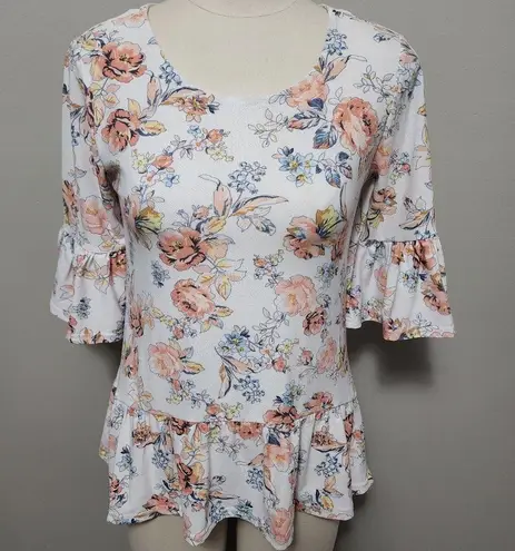 No Comment Floral Ruffle Sleeve Peplum Blouse Size Medium
