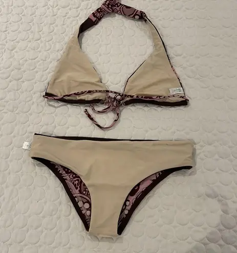 Women small Reversible bikini halter top & bottom set brown pink print flower