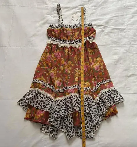 NWT Axes Femme Orange Brown floral kitschy print ruffled dress lace trim ruffles Size M