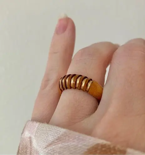 Carved Wood Gold Band Ring “Blathnaid” Bohemian Rustic Minimist Neutral Jewelry Brown