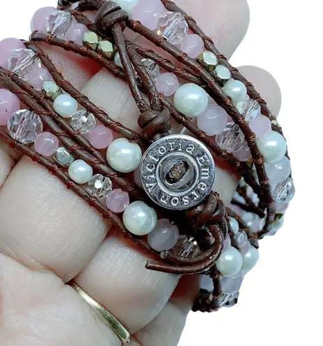 Victoria Emerson  Brown Leather Wrap Bracelet With Pink Pearls