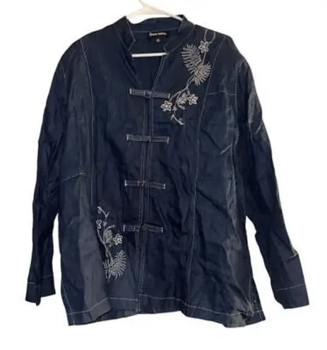 Linen Women's 1X Blue Embroidered Floral Vintage Jacket
