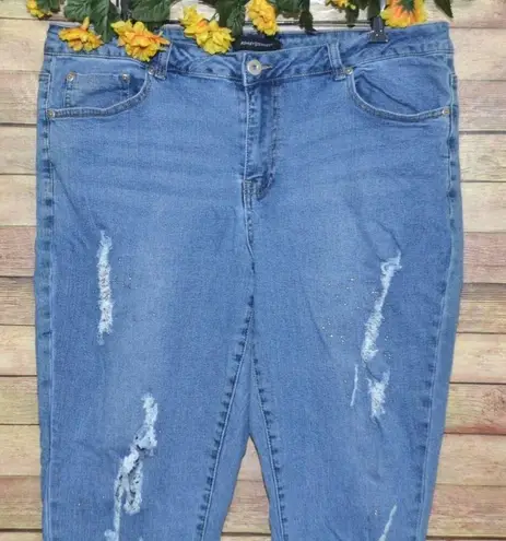 Ashley Stewart Ladies 18 Distressed Studded Skinny Blue Jeans Light Wash Stretch