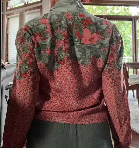 carole little Vintage Green And Red Floral Silk Blouse