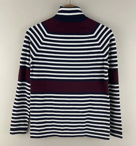 Tory Burch SPORT Navy Blue White Red Tech Knit Stripe Turtleneck Long Sleeve Top