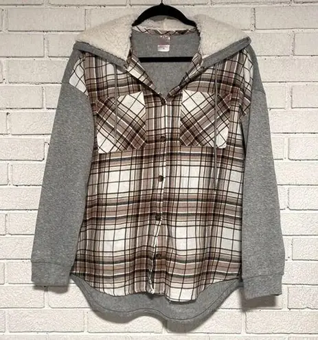 No Boundaries - Grey & Brown Plaid Button Down Sherpa Lined Hoodie Size L (11-13)