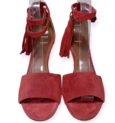 Yvonne Kone Women’s Size 38 7.5 Red Suede Wrap Tassel Ankle Open Toe Pumps Heels