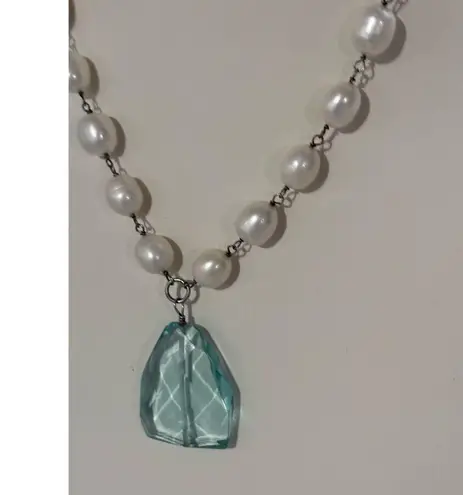 Fresh Water Pearl & Aqua Tear Drop Crystal Statement Necklace Glamorous Jewelry Silver