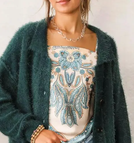 Willow & Root Green eyelash knit cardigan sweater size small Blue