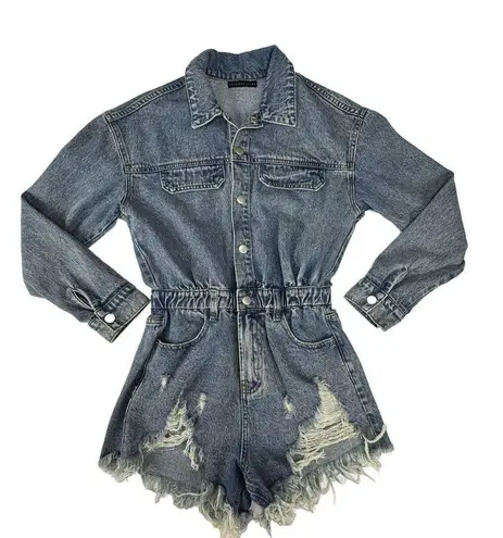 Brooklyn Karma Denim Long Sleeve Romper Shorts Women’s Small  Journey Distressed