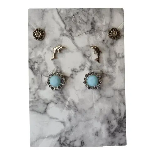 Silver & Blue Stud Earrings Set With Dolphin Floral & Round Designs