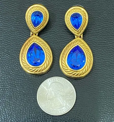 Swavorski Vintage 90s SWAROVSKI Swan Signed Royal Blue Teardrop Crystal Drop Earrings 22g