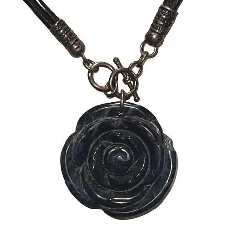 Vintage Genuine Blue Lapis Rose Pendent 925 Toggle Leather Choker Necklace