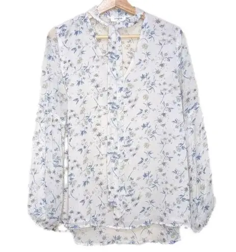 Umgee  Floral Blouse Womens Size‎ S Tie Neck Top Ditsy Cottage Boho White Blue