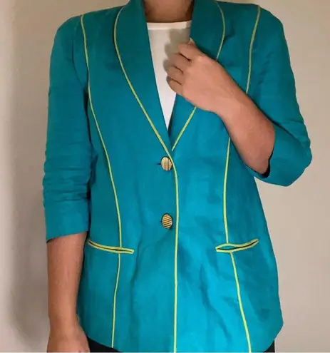 Vintage Teal Linen Blazer w/ Neon Green Piping Size M