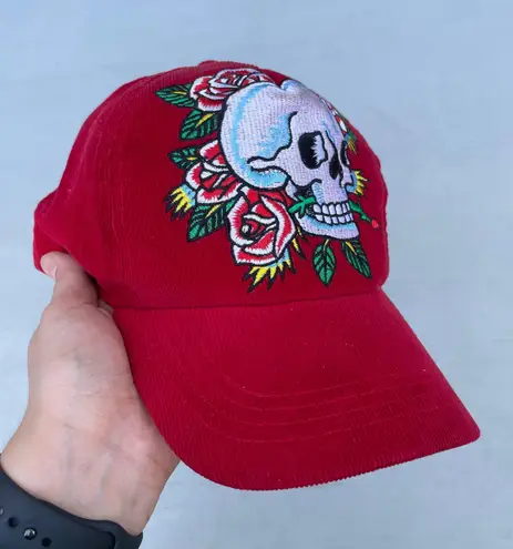 Ed Hardy Y2K Floral Skull Embroidered Red Corduroy Hat