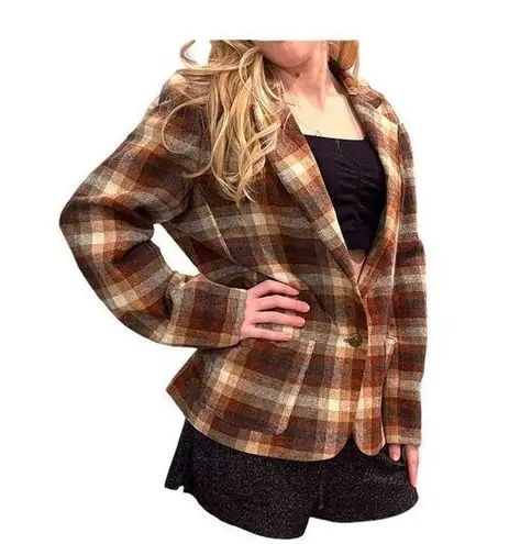 American Vintage Vintage Plaid Wool Blend Blazer Ladies Size MED Brown Earth Tones MED