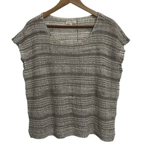 Eileen Fisher  Linen Blend Striped Knit Top Short Sleeve V-Neck Women's Size L