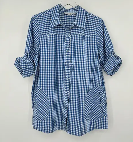 Joan Rivers  shirt blue white gingham check boyfriend tab long sleeve pockets L