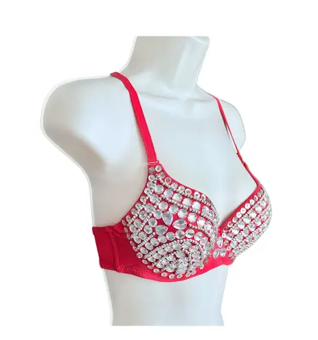 Rhinestone Burlesque Dance Rave Bustier Bra. Y2K. Hand Sewn. Red. Size Large Red