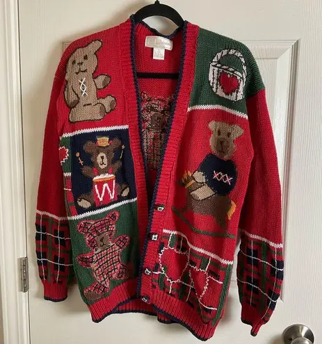 ID Distinction teddy bear and holiday motifs cardigan size small vintage 80’ Red