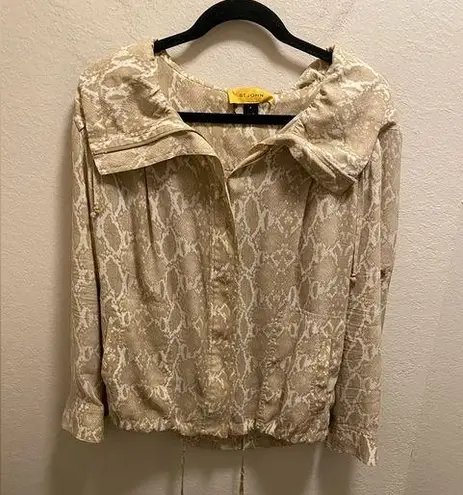 St. John Beige & White Animal Print Silk Blend Windbreaker Jacket Size P