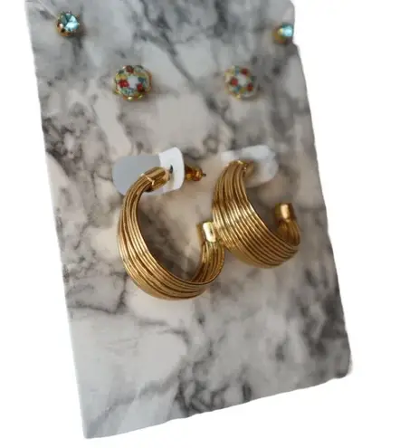 Gold Hoop Earrings & Stud Earring Set With Floral & Blue Crystal Accents