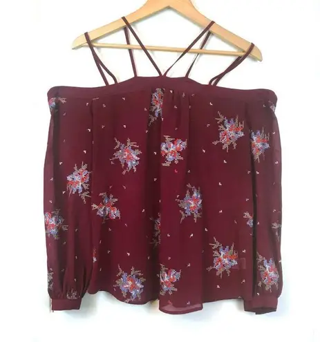 Ro & De Womens Off the Shoulder Peasant Embroidered Sheer Blouse Burgundy Sz M