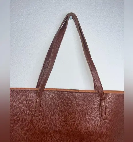 Vince Camuto Brown Vegan Pebbled Leather Black Line Detail Tote Bag 17.5 x 12 in