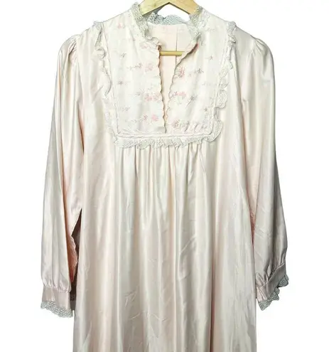 Vintage Pink Satin Long Nightgown Modest Sleepware Embroidered Pockets u Size L