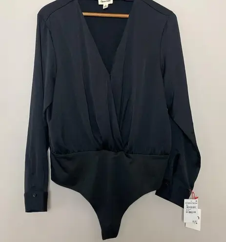 Open Edit Nordstrom  Long Sleeve Deep V Bodysuit Black Size XL NWT