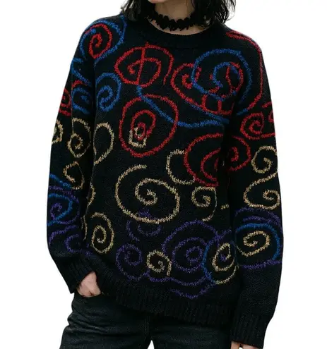 Vintage 80s 90s Sweater G.F.C LTD M Colorful Swirls Black Knit Emo Funky Goth Size M