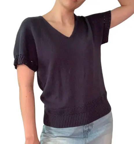 Joie 100% Cotton Tight-Knit Short Sleeve Sweater Top Ribbed Contrast Hem V-Neck