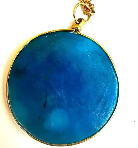 Vintage Carved AZTEC Sun Turquoise tone AGATE Stone Beaded Pendant Necklace Blue