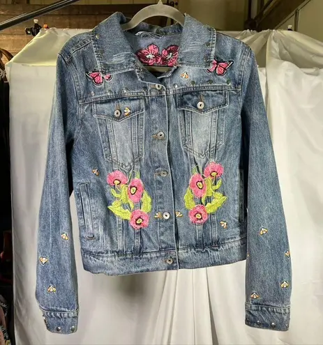 Bagatelle Collection Denim Jacket Studded Embroidered Floral Butterfly Size M Blue Size M