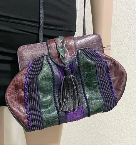 Vintage SHARIF Lizard Croc Leather Patchwork Convertible Clutch Shoulder Bag