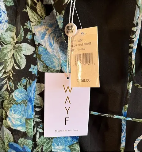 WAYF Dress Blue Floral Print Long Blouson Sleeve Open Back Tiered Midi Sz L NWT