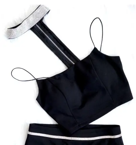 Women’s 2 Piece Set Black Crop Top & Belted Skirt w/ Jeweled Choker Clubwear